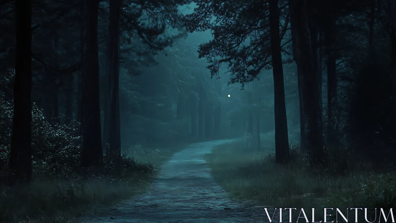 Moonlit forest path through ancient trees at night