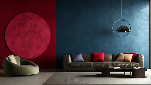 Modernist living room with geometric color-blocked walls.