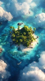 Tropical island surrounded by turquoise ocean and clouds.