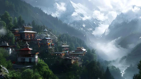 Multi-tier mountain monasteries contrast dense forest and glacial valley