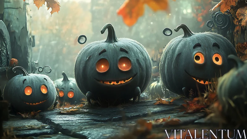 Smiling jack o lantern pumpkins on misty autumn path.