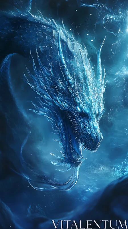Frozen azure dragon coils through luminous storm seas.