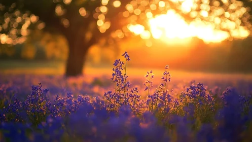 Backlit wildflower bokeh field under low-angle golden sun.