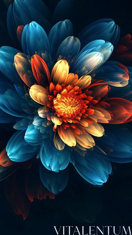 Vibrant digital flower with blue and orange glass petals.