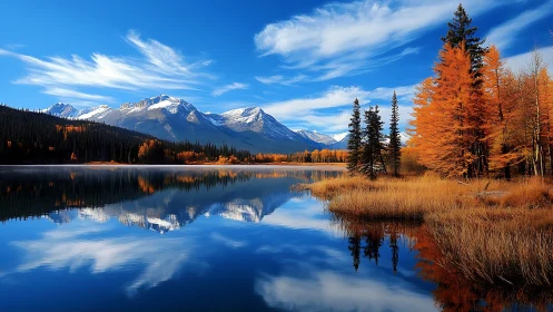 Mountain lake reflection under vivid autumn forest skies.