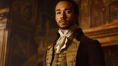 Regal gentleman in ornate 18th century waistcoat portrait.