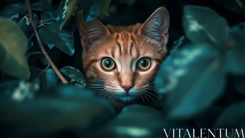 Orange tabby cat stares forward through foliage with vivid amber eyes.