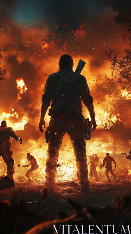 Lone armed figure facing zombies in large urban fire scene.