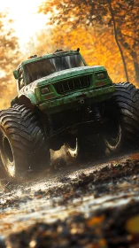 Green monster truck splashing through golden autumn mud.