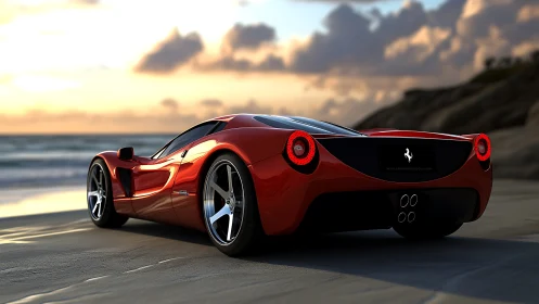 Red exotic supercar glows against cinematic sunset shoreline.