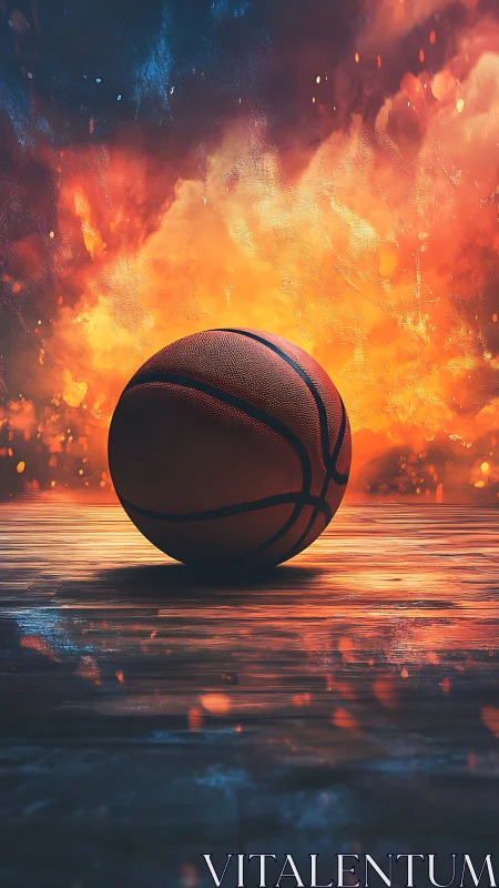 Basketball rests on court before blazing firestorm backdrop