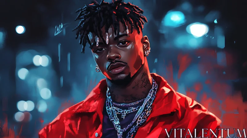 Male portrait in red jacket against blurred city lights.