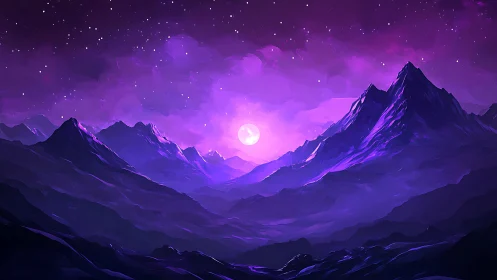 Digital landscape depicts layered mountains under violet sky