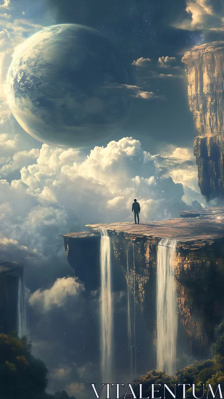 Planetary horizon observer on cascading sky plateau edge.