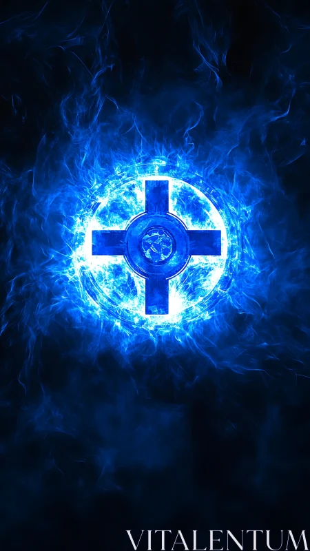 Luminous blue cross emblem inside swirling digital flames.