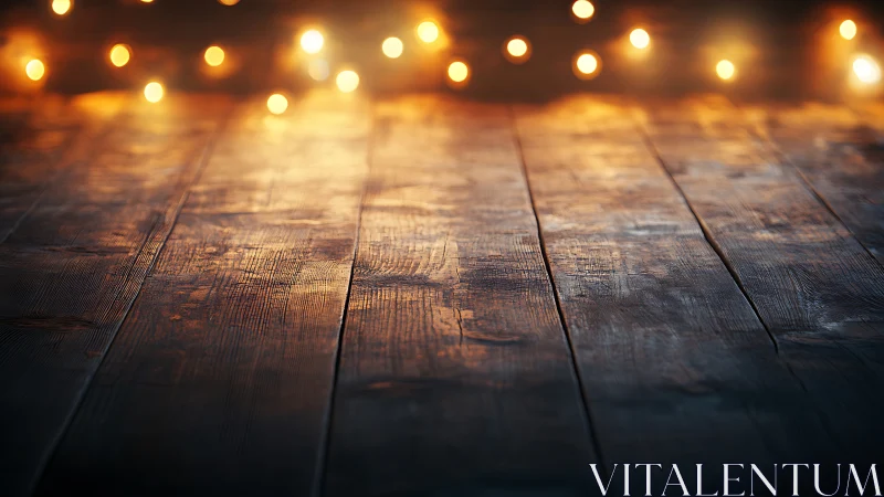 Wooden floorboards glow softly beneath distant fairy lights