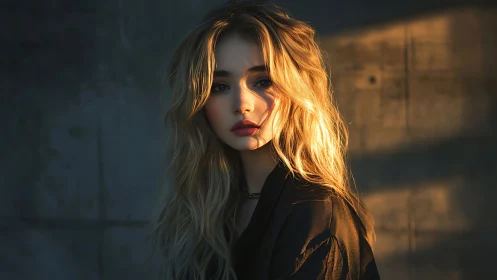Young woman in golden hour light against dark wall.