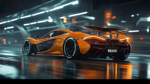 Aerodynamic hypercar in neon‑lit rain with motion dynamics.