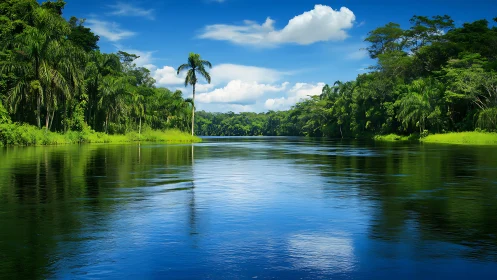 Tropical river bordered by dense green rainforest under sun.