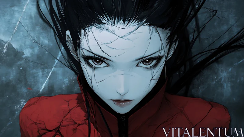 Intense anime heroine stares forward with cracked pale skin.