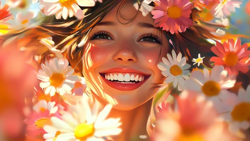 Digital painting portrait with floral bokeh and radiant smile.