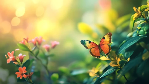 Vibrant orange butterfly poised on dewy garden foliage.