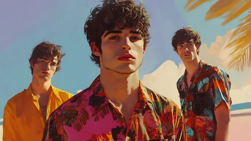 Digital beach portrait of three young men in tropical shirts