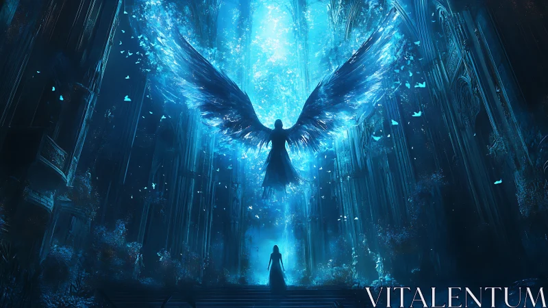 Celestial angel descends in radiant blue cathedral light.