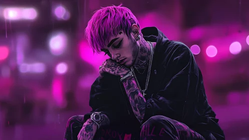 Neon lit tattooed youth rests under melancholic purple rain