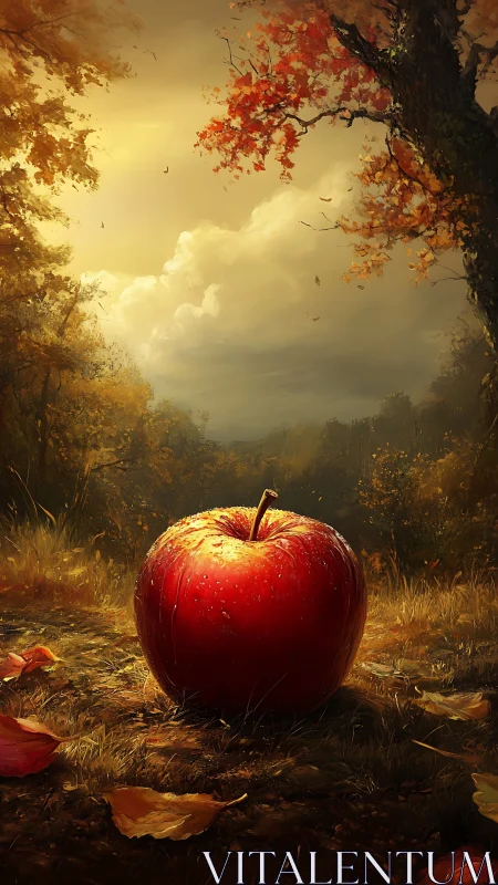 Golden autumn sunlight settles gently on a lone red apple