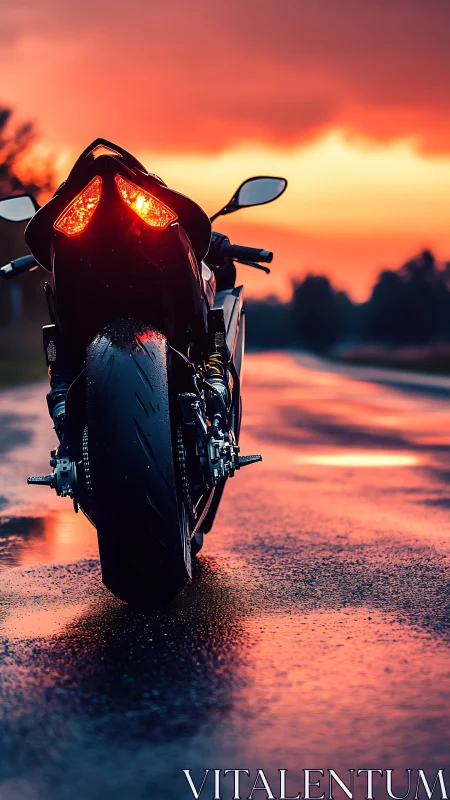 Night-ready sport bike glows warmly against a sunset road