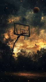 Starlit basketball hoop glowing softly against night sky.