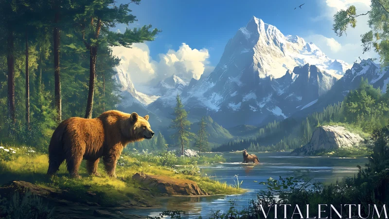 Grizzly bear in alpine river valley under snowcapped peaks