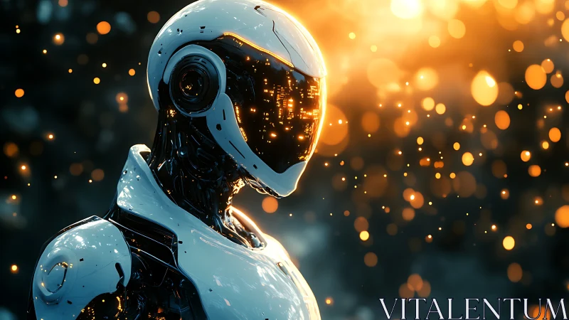 Futuristic android gazes through glowing datalit visor at dusk.