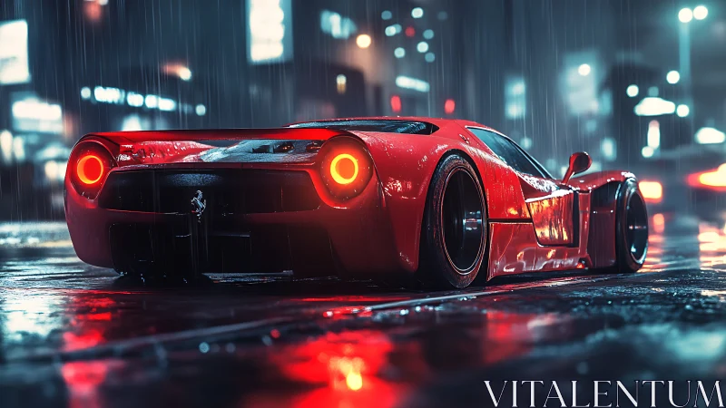 Cyberpunk supercar rear profile in neon rain-soaked streets.