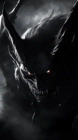 Horned shadow fiend emerging from abyssal midnight fog.