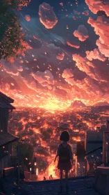 Sunlit city glows beneath a girl’s quiet sunset watch