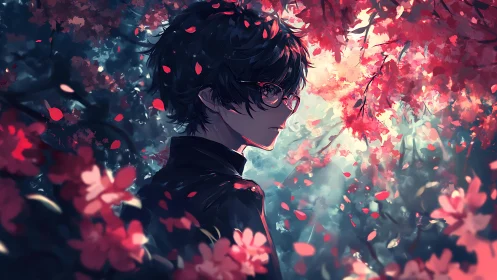 Teen boy with glasses stands amid dense red blossom canopy
