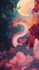 Luminous serpentine dragon coils through chromatic cloud strata under moon