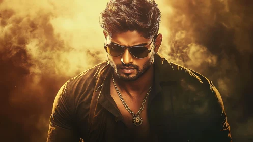 Brooding man in sunglasses stands amid golden cinematic smoke