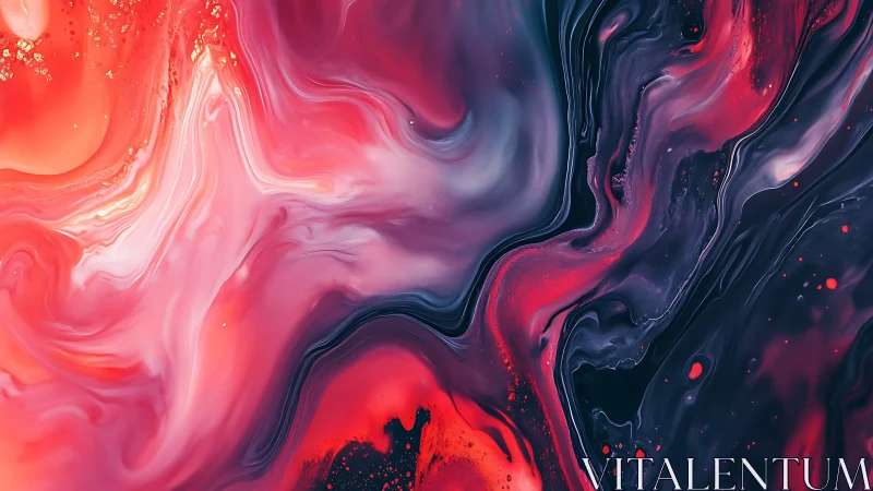 Vibrant fluid acrylic pour painting with red, pink and navy turbulence