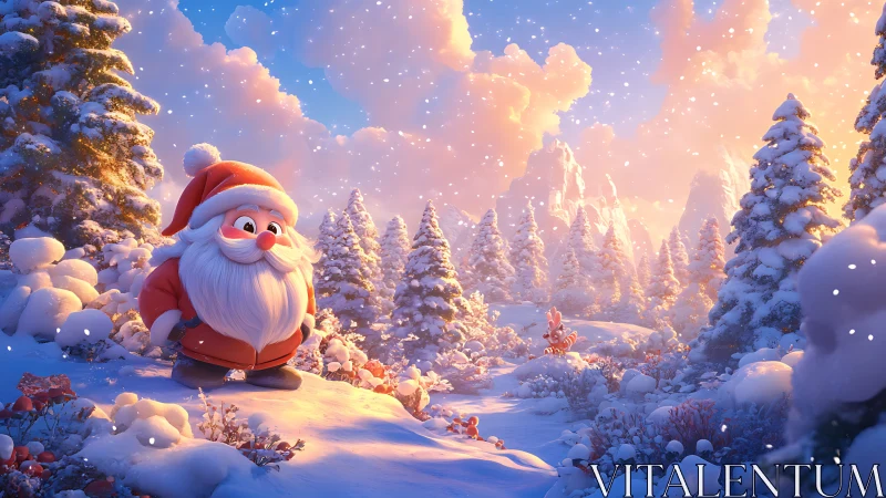 Cartoon Santa stands in a snowy forest at bright sunset