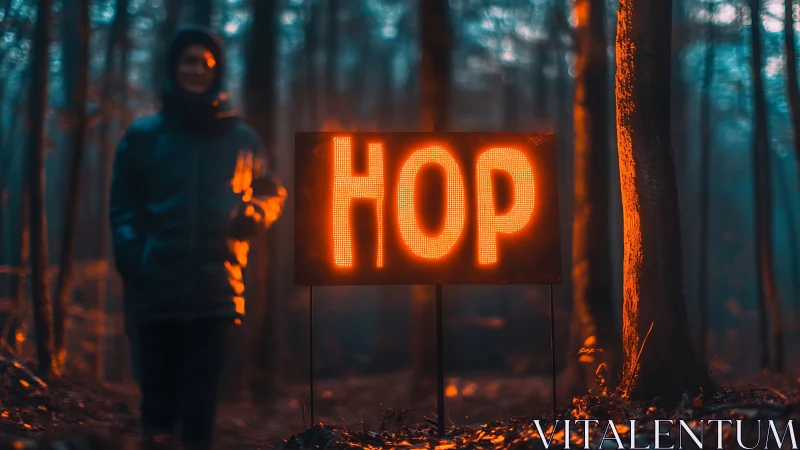 Illuminated HOP sign stands in a misty forest clearing