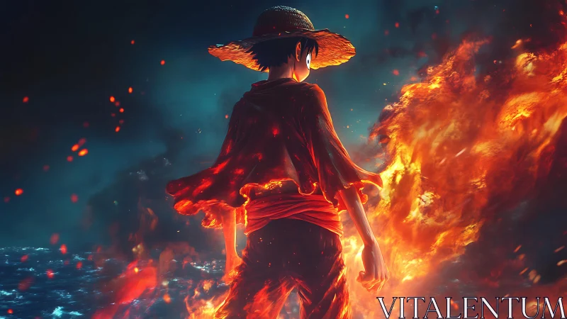 Dynamic anime figure backlit by volumetric fire and ocean spray
