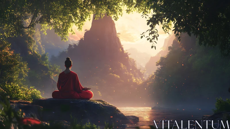 Monk in red robes seated by river in forested valley at dawn.