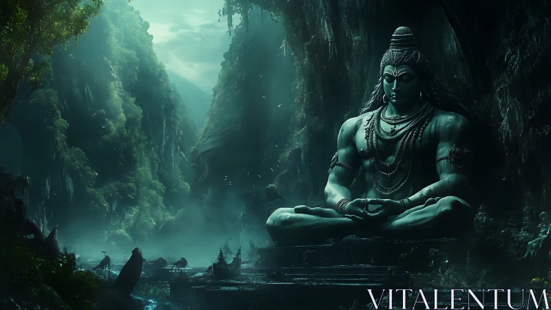 Majestic meditative deity seated in misty jungle canyon.