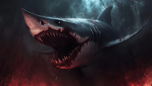 Gigantic battle-scarred shark emerging in infernal seascape