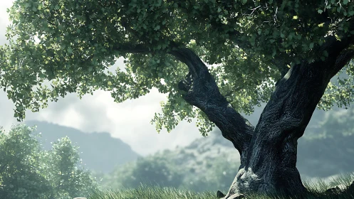 Ancient tree stands in soft mountain light and drifting mist