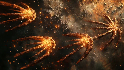 Radiant claw-like meteoroids traverse a turbulent cosmic nebula