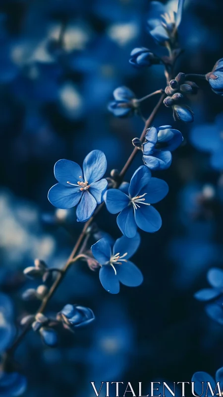 Delicate blue flowers bloom along a gentle vine branch